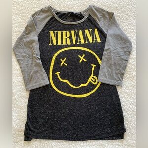 Nirvana Graphic Band T-shirt, raglan 3/4 sleeve, women’s size small